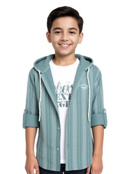 CAVIO - Boys Green Cotton Striped Full Sleeves Hooded Shirt with T-Shirt