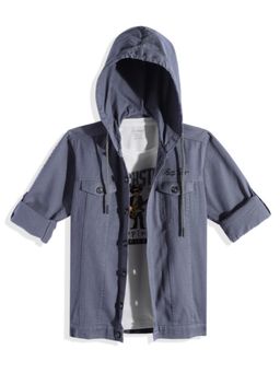 CAVIO - Boys Blue Cotton Striped Full Sleeves Hooded Shirt with T-Shirt