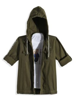 CAVIO - Boys Green Cotton Striped Full Sleeves Hooded Shirt with T-Shirt