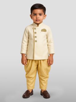 JBN Creation - Boys Off White Jute Angrakha Pattern Sherwani with Dhoti