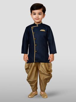 JBN Creation - Boys Navy Blue Full Sleeves Angrakha Pattern Sherwani with Dhoti