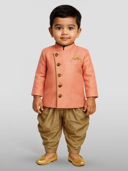 JBN Creation - Boys Peach Full Sleeves Angrakha Pattern Sherwani with Dhoti