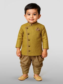 JBN Creation - Boys Green Full Sleeves Angrakha Pattern Sherwani with Dhoti