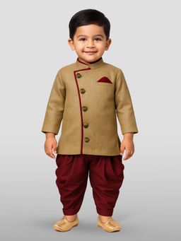 JBN Creation - Boys Beige Full Sleeves Angrakha Pattern Sherwani with Dhoti