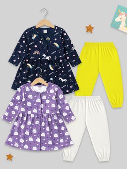 Kuchipoo - Girls Multi-Color Printed Frock Style Top & Joggers (Pack of 2)