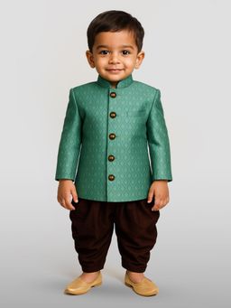 JBN Creation - Boys Green Banarasi Silk Jacquard Sherwani with Dhoti