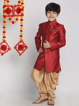 JBN Creation - Boys Maroon Banarasi Silk Jacquard Sherwani with Dhoti