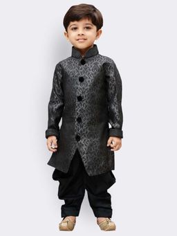 JBN Creation - Boys Black Silk Blend Self Design Sherwani with Dhoti