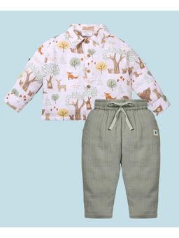 My Milestones - Muslin Woven Full Sleeves Woodland Printed Shirt & Pant - White