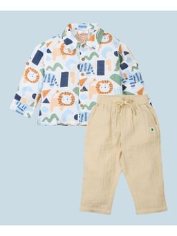 My Milestones - Muslin Woven Full Sleeves Jungle Friends Printed Shirt & Pant - White