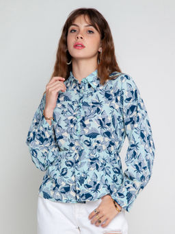 Zink London - Women's Blue Printed Shirt Top