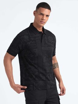 Flying Machine - Black Printed Relaxed Polo T-Shirt