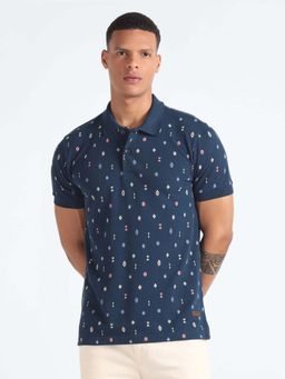 Flying Machine - Blue Printed Regular Polo T-Shirt