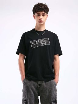 Flying Machine - Black Self Design Relaxed T-Shirt