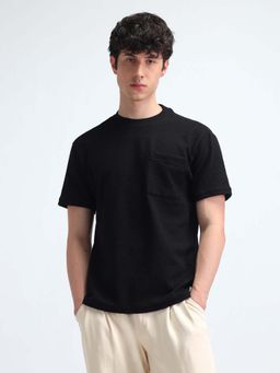 Flying Machine - Black Self Design Relaxed T-Shirt
