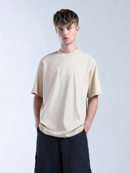 Flying Machine - Beige Self Design Relaxed T-Shirt
