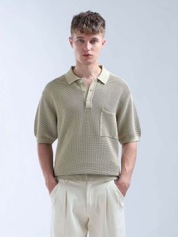 Flying Machine - Beige Self Design Relaxed Polo T-Shirt