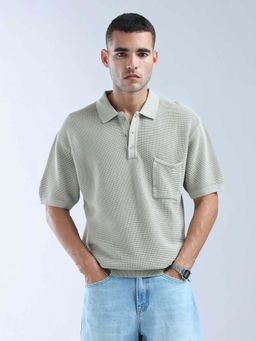 Flying Machine - Green Self Design Relaxed Polo T-Shirt