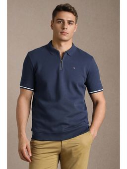 Louis Philippe - Navy Blue Textured Slim Polo T-Shirt