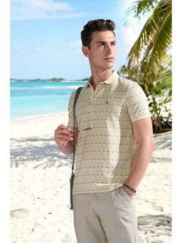 Louis Philippe - Beige Printed Slim Polo T-Shirt