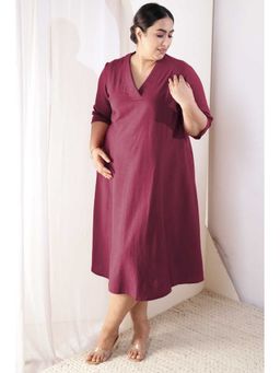 Amydus - Wine V Neck Three Fourth Sleeves Dress
