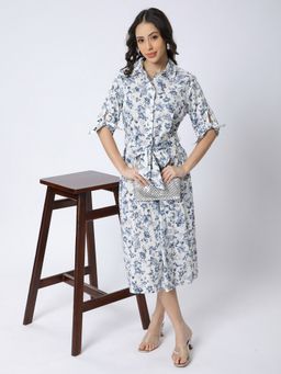 R&B - White Collar Neck Three Fourth Sleeves Dress with Belt