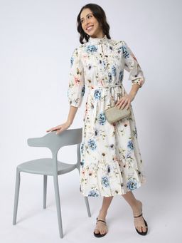 R&B - White Mandarin Neck Balloon Sleeve Dress