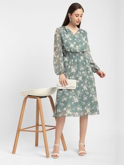 R&B - Green V Neck Puff Sleeves Dress