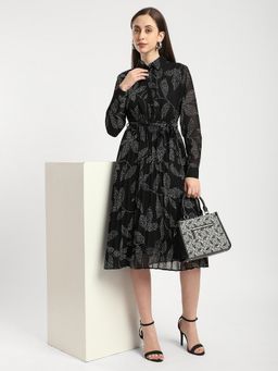 R&B - Black Collar Neck Full Sleeves Dress with Belt