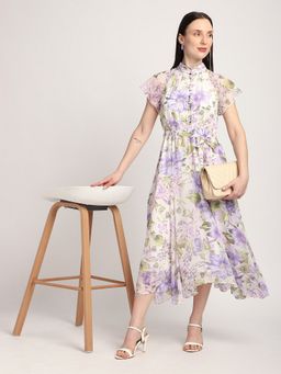 R&B - Lavender Mandarin Neck Ruffled Sleeves Dress with Belt