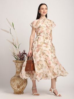 R&B - Peach Mandarin Neck Ruffled Sleeves Dress with Belt