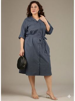 THE PINK MOON - Grey Collar Neck Three Fourth Sleeves Dress with Belt