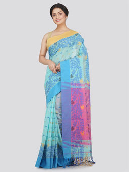 PinkLoom - Womens Cotton Blend Saree with Unstitched Blouse-Blue