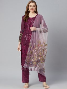 Readiprint - Georgette Wine Straight Style Unstitched Dress Material (Set of 3)