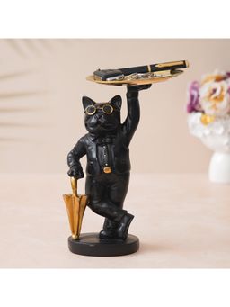 eCraftIndia - Golden Black Cat Statue in Formal Dress and Sunglasses with Umbrella Animal Showpiece