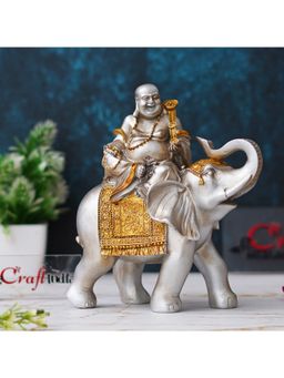 eCraftIndia - Silver & Golden Laughing Buddha Statue Seating on Elephant Figurine
