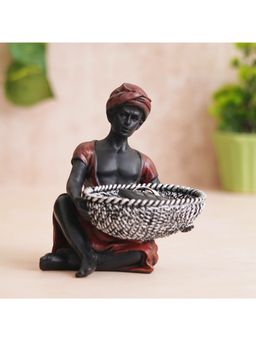 eCraftIndia - Red and Black Polyresin Sitting Man Statue Carrying Basket in Hands Human Figurine