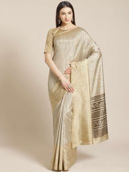 Sareemall - Beige Printed Saree Unstitched Blouse