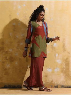 Girls’ Rust Ethnic Embroidered Kurti with Palazzo Pants Set
