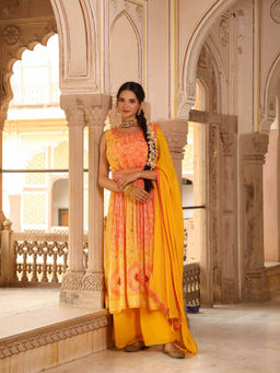 Scakhi - Yellow Pure Chinon Silk Bandhani Print Kurta Palazzo Dupatta with Belt (Set of 4)