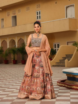 Scakhi - Brown Pure Gheecha Silk Heritage Digital Print Pleated Lehenga Choli Dupatta (Set of 3)