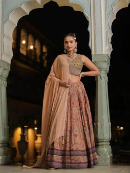 Scakhi - Beige Pure Gheecha Silk Floral Digital Print Pleated Lehenga Choli Dupatta (Set of 3)