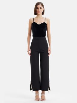 Kazo - Black Straight Fit Trousers with Bedazzled Rhinestone Fringes