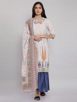 WISHFUL by W - Grey Floral Kurta with Sharara with Dupatta (Set of 3)