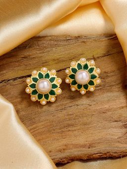 Estele - Gold Tone Fascinating Pearl Stud Earrings with Green Enamel for Women