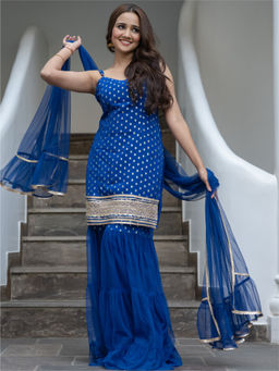 Lavanya The Label - Blue Georgette and Net Sharara (Set of 3)