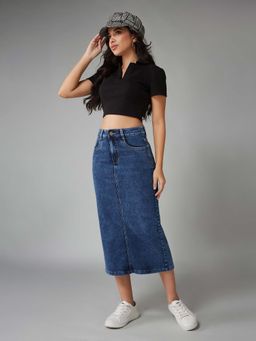 DOLCE CRUDO - Blue Solid Bodycon Denim Skirt