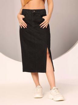 DOLCE CRUDO - Black Solid Straight Denim Skirt