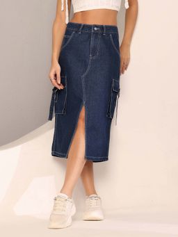 DOLCE CRUDO - Blue Solid Straight Denim Skirt