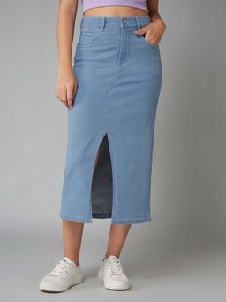 DOLCE CRUDO - Blue Solid Straight Denim Skirt
